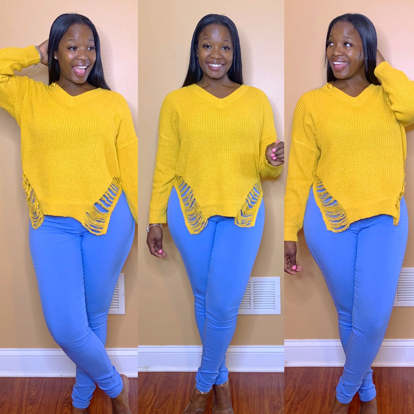 Split Distressed Sweater ( Mustard)